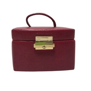 Wolf Designs red pebbled leather jewelry box with gold hardware and key